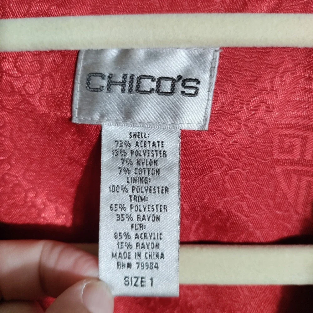 Chicos‎ Vest Womens 1 Medium Black Faux Fur Collar Asian Jacquard Art to Wear